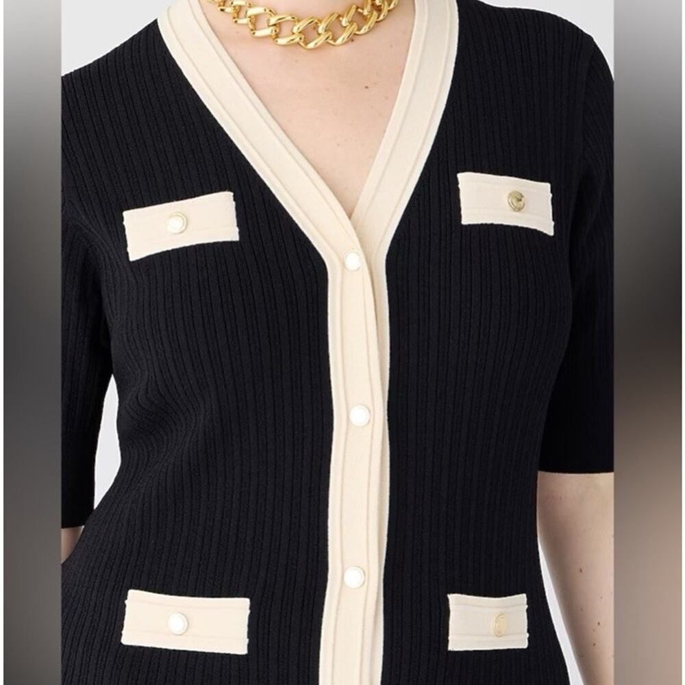 NWT J.Crew Ribbed Knit Dress Black Cream Trim Button Front Midi Size Large - Picture 3 of 12